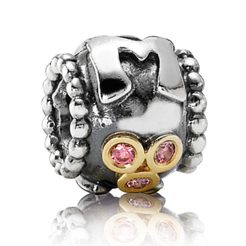 Pandora Sterling Silver + 14K Gold Mom Family Bead w/ Salmon Zirconia 790574czs